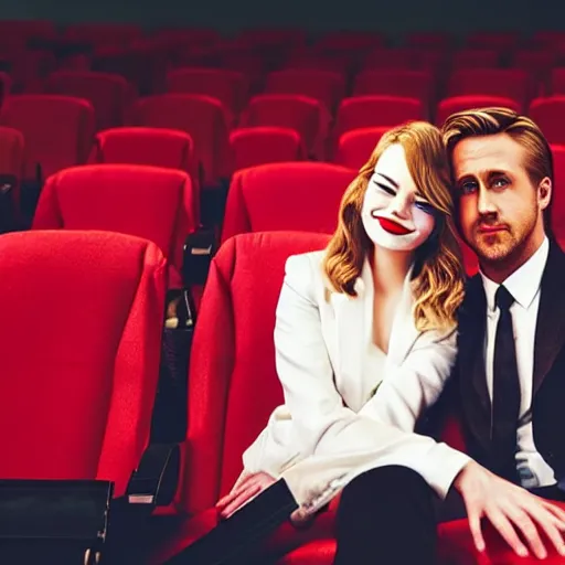 Prompt: ryan gosling in a light suit jacket in a white shirt with a narrow tie and emma stone with red lipstick in an open green dress are watching a movie in a cinema with red chairs. close - up, camera from a low angle, view from the cinema screen. detailed cinematic photo.