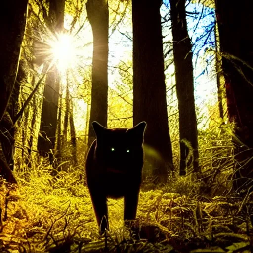 Prompt: greenwood creature lurking in the woods with glowing eyes, golden hour, award winning