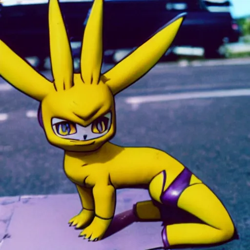 Image similar to 90s vignette photo of female Renamon from Digimon, wearing short denim shorts, standing next to a popular 90s car Polaroid picture, weathered artifacts