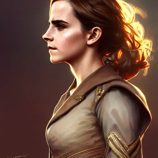 Prompt: Emma Watson in a Vault suit from Fall Out, western, D&D, fantasy, intricate, elegant, highly detailed, digital painting, artstation, concept art, matte, sharp focus, illustration, art by Artgerm and Greg Rutkowski and Alphonse Mucha