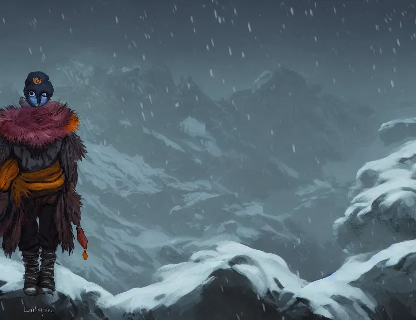 Prompt: crow alchemist boy in the flowering snowy mountains. complementary colors, indie concept art, luminescent, 4 k, chiaroscuro, rimlight.