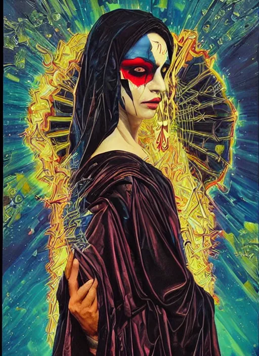 Prompt: beautiful tripping cult magic psychic woman, subjective consciousness psychedelic, epic occult ritual symbolism story iconic, dark robed witch, oil painting, robe, symmetrical face, greek dark myth, by Sandra Chevrier, Johanna Martine, masterpiece