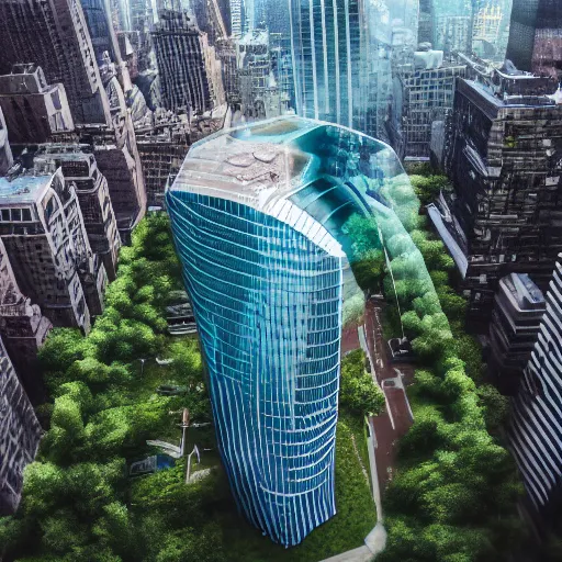 Image similar to aerial view of a giant fish tank shaped like a tower in the middle of new york city, 8k octane render, photorealistic