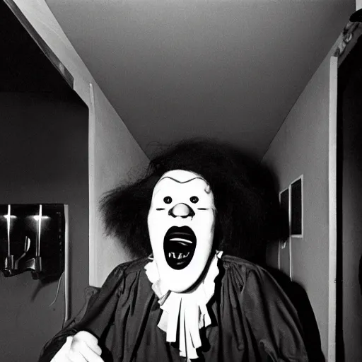 Image similar to creppy 2 0 0 1 photo of ronald mcdonald screaming in a dark room