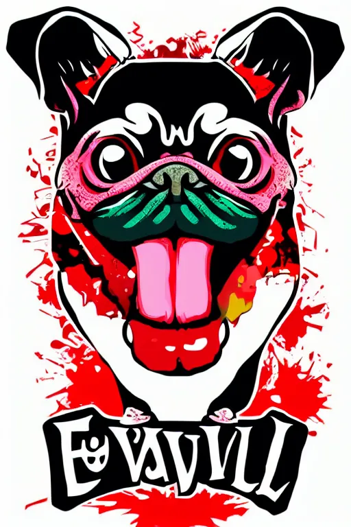 Image similar to Evil pug, the devil, sticker, blood thirsty, spawn of Satan, blood, evil, colorful, illustration, highly detailed, simple, smooth and clean vector curves, no jagged lines, vector art, smooth