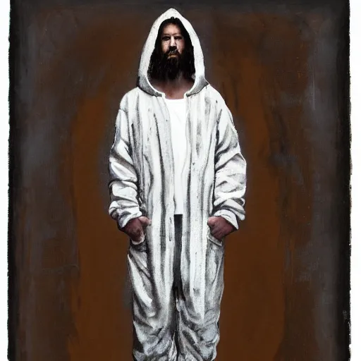 Prompt: a full body portrait of modern day jesus wearing yeezus streetwear hoodie and pants by nicola samori, oil painting, realistic, 8 k, adidas sneakers style