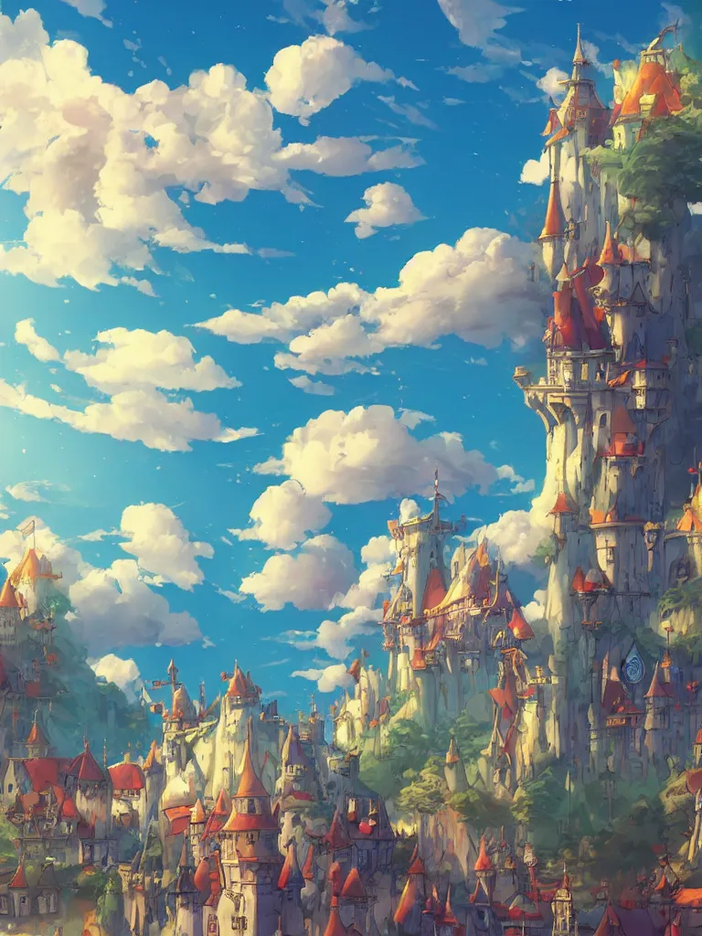 Prompt: photo cartoon illustration comics manga painting of pixiv, fantastic candy castle, blue skies and lots of clouds, fairy tales, bright colors and high picture, quality, by makoto shinkai, hdr, digital painting, unreal engine, 8 k, volumetric lighting, contrast