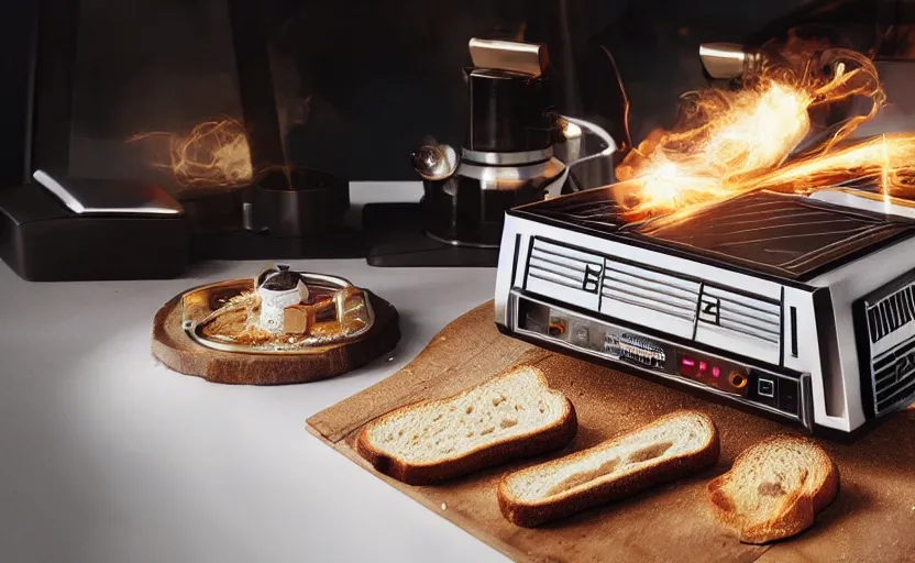 Image similar to a time-traveling delorean styled toaster with toast, bread inserted into slot, glowing heating coils, stainless steel, professional product shot, magazine ad