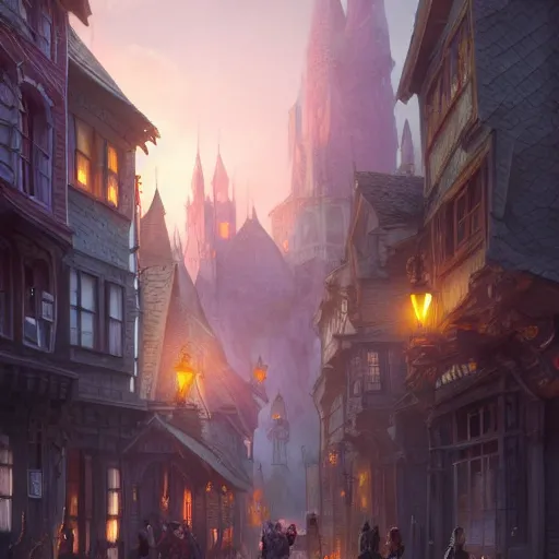 Image similar to little magical town for wizards and people with magic, realistic, 8 k, extremely detailed, cgi, trending on artstation, hyper - realistic render, by greg rutkowski