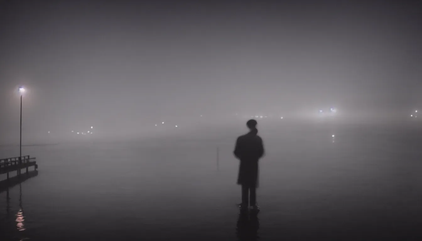 Image similar to 80s asian neon movie still with a lone man levitating over a pier by the river on early morning with city lights behind his back, Fog raising from river, Fallen angels movie still. hyperrealistic, photorealistic, high definition, medium format photography, highly detailed, tehnicolor, anamorphic 50mm lens