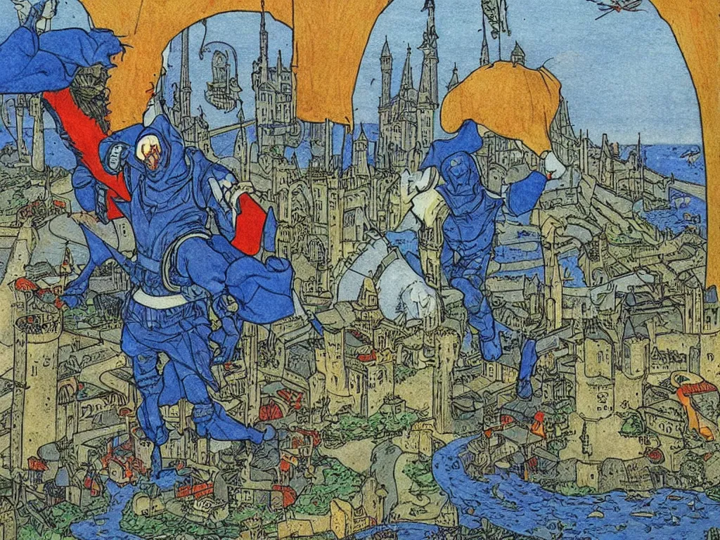 Image similar to cyberpunk king man with hovercraft at a castle in autumn. painting by limbourg brothers, moebius