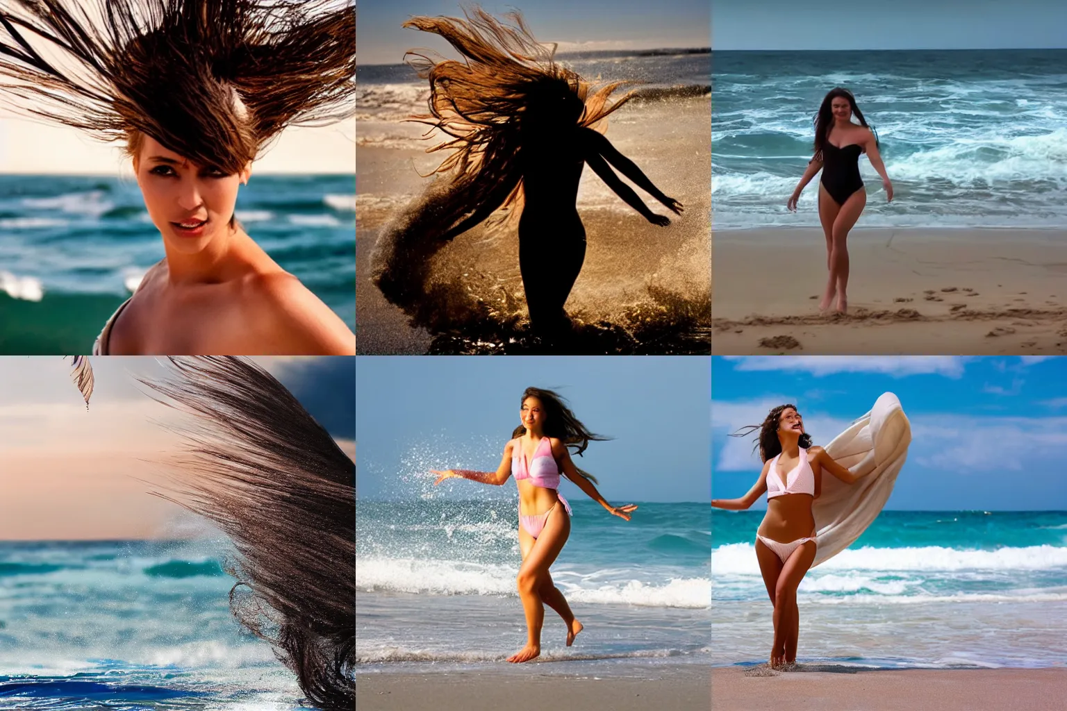 Prompt: beauty queen emerging from ocean, windy, sand waving, wide-shot