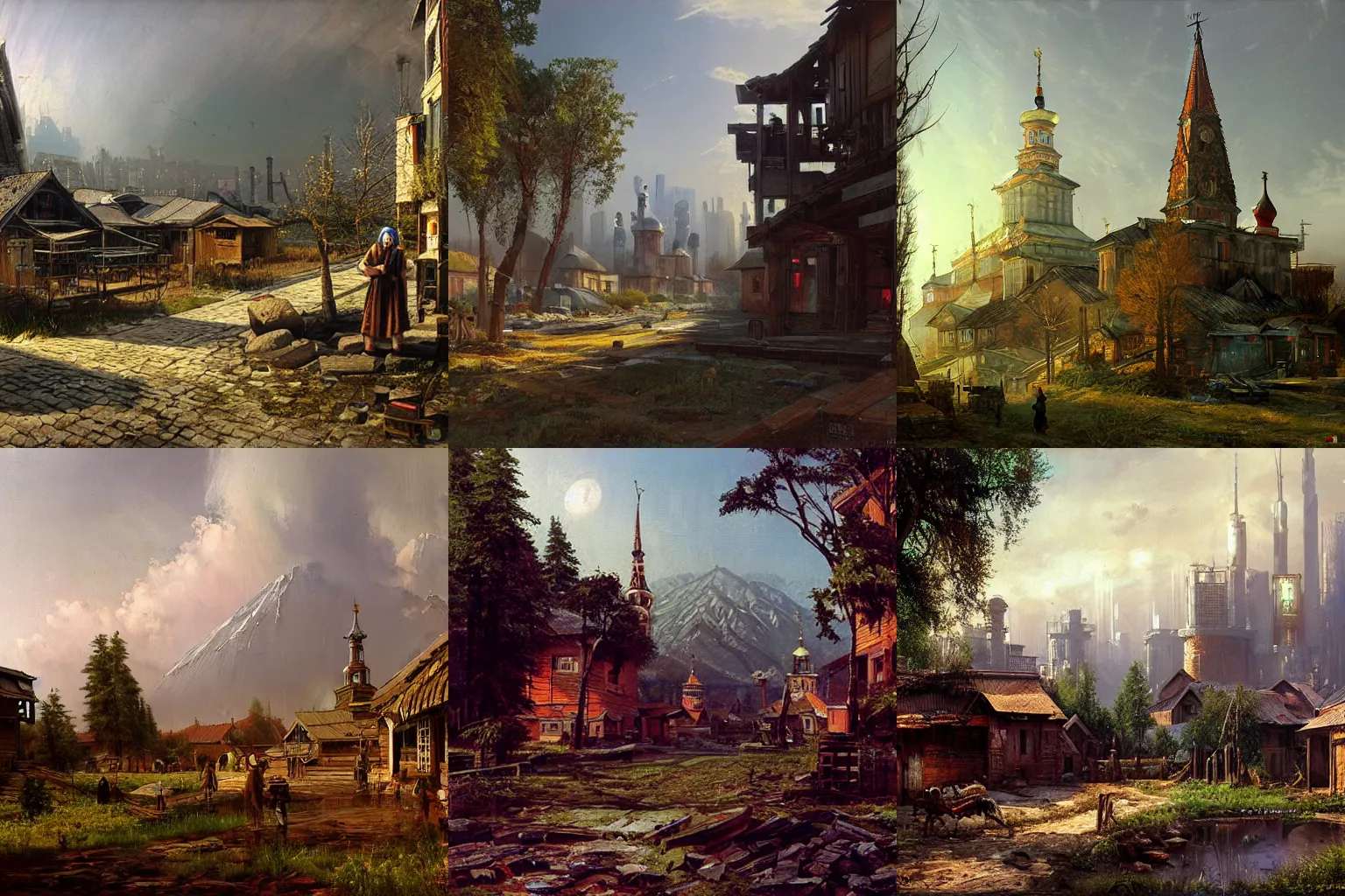 Prompt: A beautiful cyberpunk painting of the Russian village by Ivan Shishkin, matte painting