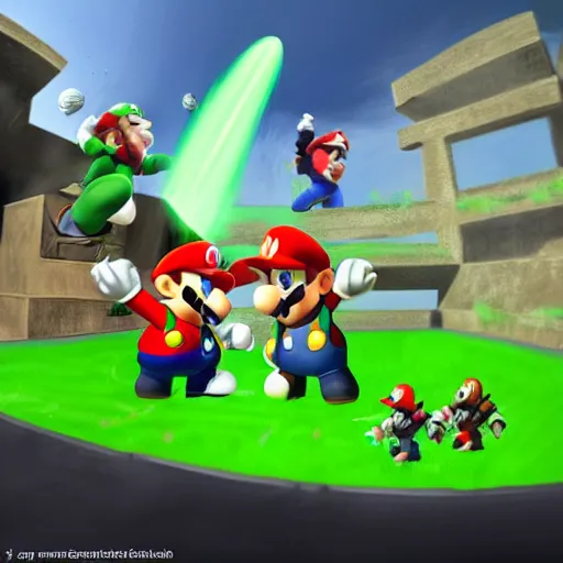 Prompt: Geralt and Master Chief fighting Mario and Luigi in the style of Super Smash Brothers, concept art, fisheye lens, vivid colour, unreal engine