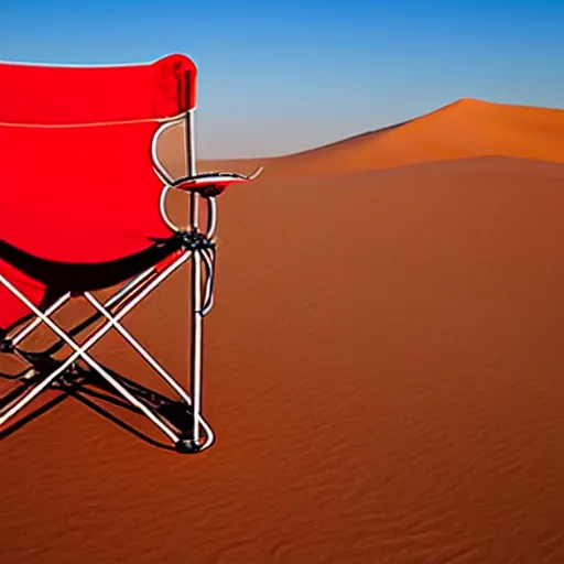 Prompt: a red camping chair in the middle of the sahara desert. the chair is 1 0 feet away from the camera.