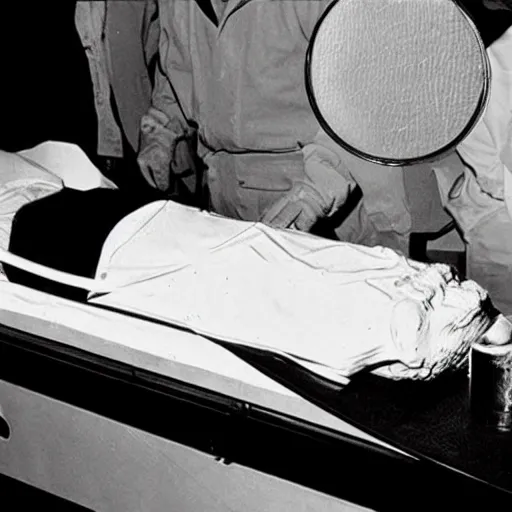 Image similar to photo of alien autopsy done by Ronald Reagan on the recovered Roswell aliens , psychedelic