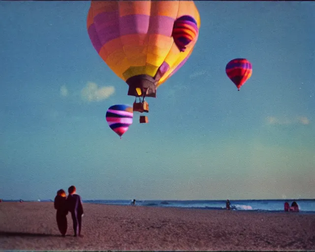 Image similar to a couple walks on the beach, thousands of multicolored hot air balloons floats over the beach at violet and yellow sunset, whimsical and psychedelic art style, 1 9 6 0 s, polaroid photo, grainy, expired film, glitched