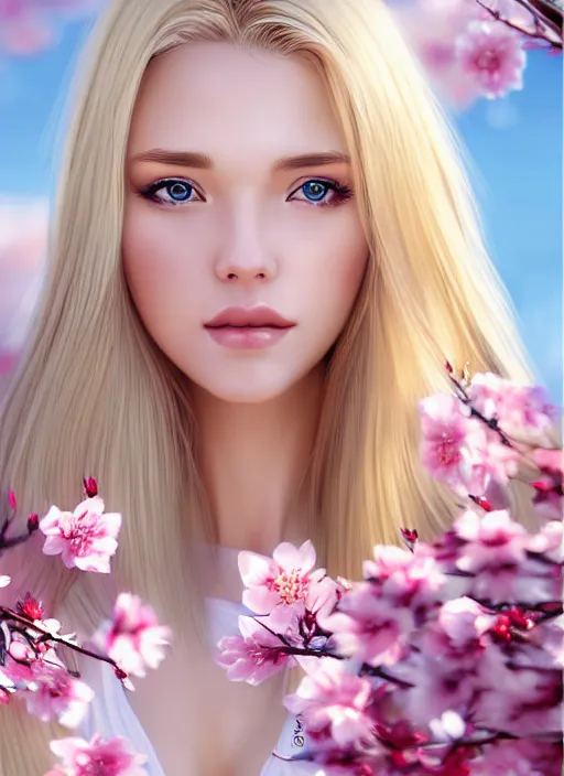 Image similar to photo of a gorgeous blonde female in the style of stefan kostic, realistic, half body shot, sharp focus, 8 k high definition, insanely detailed, intricate, elegant, art by stanley lau and artgerm, extreme blur cherry blossoms background