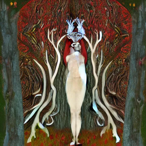 Image similar to A tall, dark forest god, with antlers, red eyes, forest, 3am, mist, moon, dark forest, red eyes in the style of Klimt