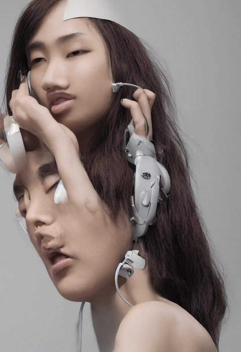 Image similar to headshot, japanese young woman, headphones listening to music, elegant as fashion editorial shot, highly detailed, smooth, sharp focus, photo by vogue