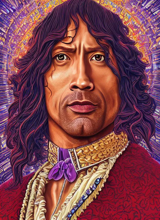 Image similar to beautiful oil painting, portrait of Dwayne the rock Johnson as Louis xiv in coronation robes 1701, Dan Mumford, Dan Mumford, Alex grey, Alex grey, lsd visuals, dmt fractal patterns, entheogen, psychedelic, hallucinogen, highly detailed, ornate, vaporwave