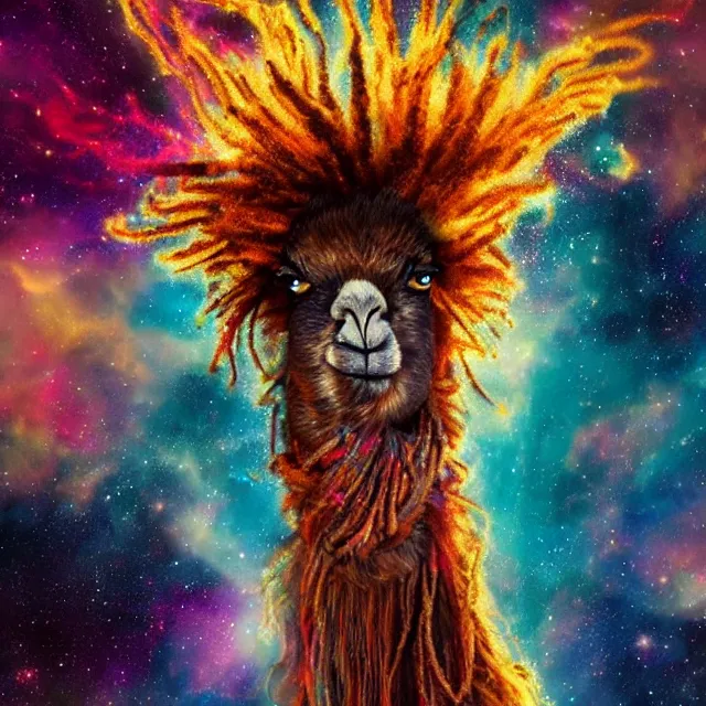 Image similar to llama with dreadlocks, depicted as an explosion of a nebula, 4 k, hyperrealistic painting