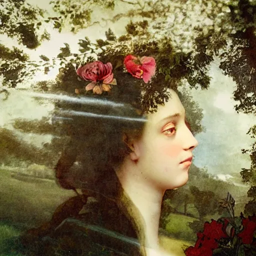 Image similar to double exposure portrait of a beautiful short dark haired feminine queen, floral composition, silhouettes of windy trees, by leonard de vinci, double exposure, by eugene delacroix