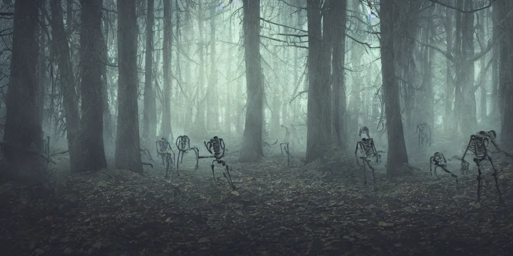 Prompt: amateur home video of skeletons running through a dimly lit dark forest at night with, photorealistic amateur photography