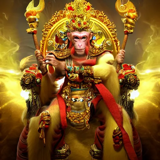 Prompt: monkey king godly lord of monkeys, wearing a crown, holding a staff, sitting in throne 8 k render high detail