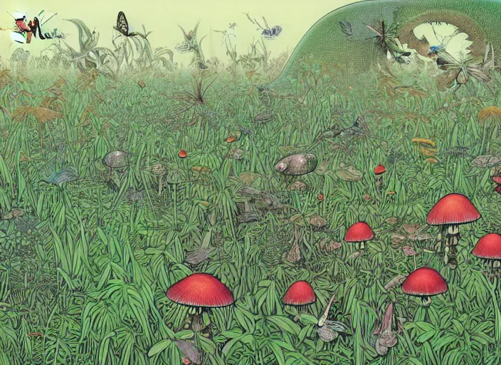 Prompt: surreal line art of a lot of jungle flowers and insects + poison toxic mushrooms + long grass + butterflies + mystic fog, no - shadow, 7 0's vintage sci - fi style, by moebius, kim jung gi, hyperrealism, rule of third!!!!, superfine detailed, top view