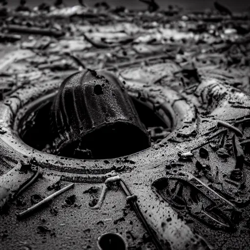 Image similar to mysterious black slime, black gooey liquid leaking out of crashed cargo ship, apocalyptic, ruined, 8 5 mm f / 1. 4