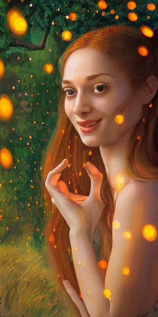 Image similar to young woman, fit body, serene smile, spiritual scene, surrounded by golden firefly lights amidst nature, fully covering intricate dress, long red hair, precise linework, accurate green eyes, small nose with freckles, beautiful smooth oval shape face, empathic, expressive emotions, hyper realistic ultrafine art by artemisia gentileschi, jessica rossier, boris vallejo