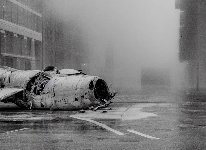 Prompt: black and white photograph of a crashed military jet in downtown kansas city missouri, rainy and foggy