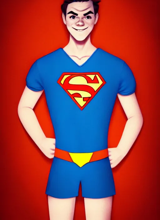 Image similar to friendly teenage archie andrews wearing an orange superhero costume with heart logo, heart, freckles, blue cape, heart emblem on chest, blue cape, intricate, elegant, glowing lights, highly detailed, digital painting, artstation, sharp focus, illustration, art by wlop, mars ravelo and greg rutkowski