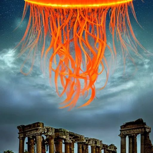 Prompt: a colossal gigantic glowing orange jellyfish hovering beneath a portal in the sky, tendrils hanging towards the ground, galaxies and stars in a stylized sky at twilight, ancient ruins in the foreground, ancient cities in the background, digital art