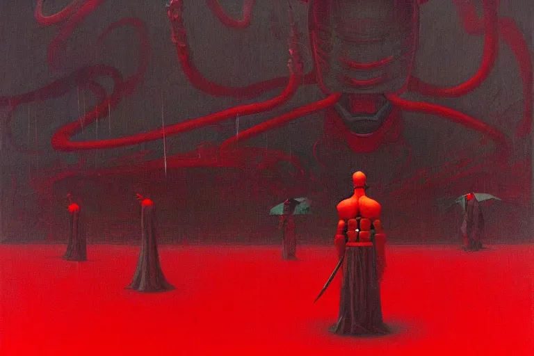 Image similar to only with red, a red cyborg samurai, tokio futuristic in background, some evil yokai, in the style of beksinski, parts by edward hopper, parts by rodcenko, parts by yue minjun, intricate and epic composition, red by caravaggio, insanely quality, highly detailed, masterpiece, red light, artstation, 4 k