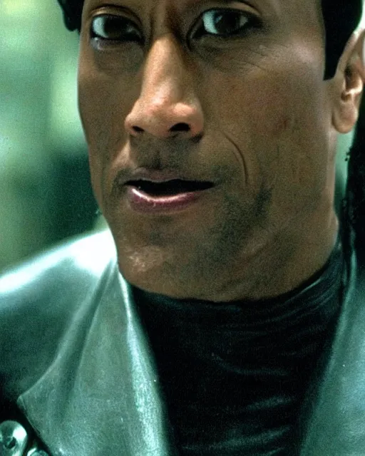 Image similar to film still close up shot of dwayne johnson as morpheus from the movie the matrix. photographic, photography