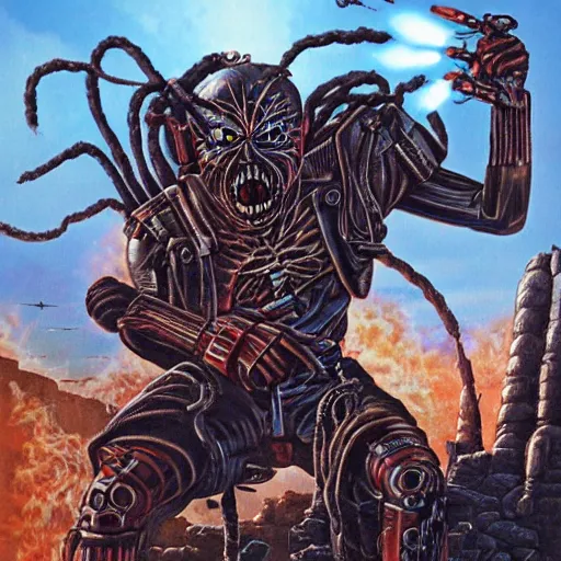 Prompt: iron maiden album cover, science - fiction futuristic apocalyptic war scene with explosions, soldiers firing