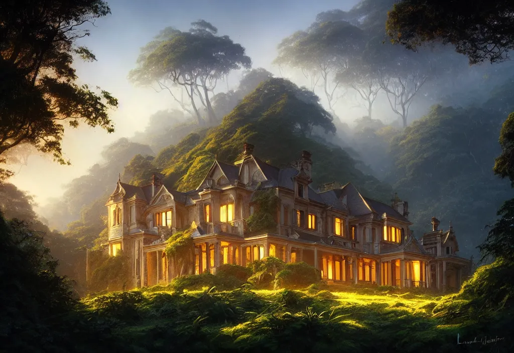 Prompt: victorian country house on a hillside surrounded by jungle, cinematic view, blue sky, detailed, concept art, high angle, high detail, warm lighting, volumetric, godrays, vivid, trending on artstation, by jordan grimmer, art greg rutkowski