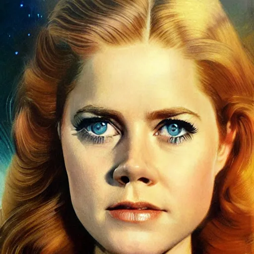 Image similar to ultra realistic portrait painting of amy adams in a 1 9 7 0 s sci - fi ad, art by frank frazetta, 4 k, ultra realistic, highly detailed, epic lighting