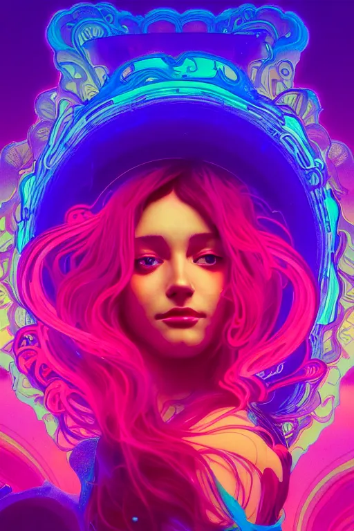 Prompt: a gorgeous woman surrounded by colorful liquid clouds and neon smoke, extremely detailed, in a psychedelic experience, psilocybin, dmt, lsd, face, highly detailed, artstation, alphonse mucha, hana yata, and artem demura and beeple, bill sienkiewicz, octane render, unreal engine, 8 k