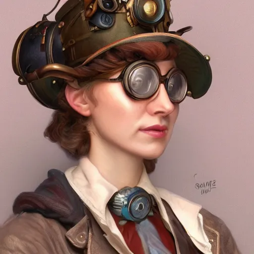 Prompt: Three quarters portrait of a steampunk grannie, poofy hat, goggles, highly detailed, digital painting, art by Stanley Lau and Artgerm and magali villeneuve and Alphonse Mucha, artstation, octane render, cgsociety