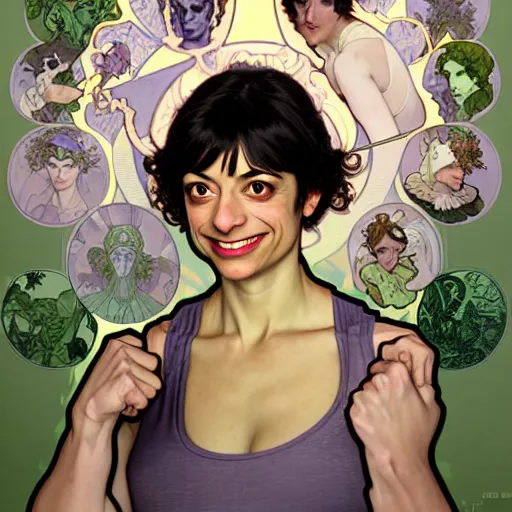 Image similar to full portrait of kate micucci as she - hulk, fantasy, d & d, intricate, detailed, by by alphonse mucha, adolfo hohenstein, alice russell glenny, stanley artgerm lau, greg rutkowski, detailed, trending on artstation, trending on artstation, smooth