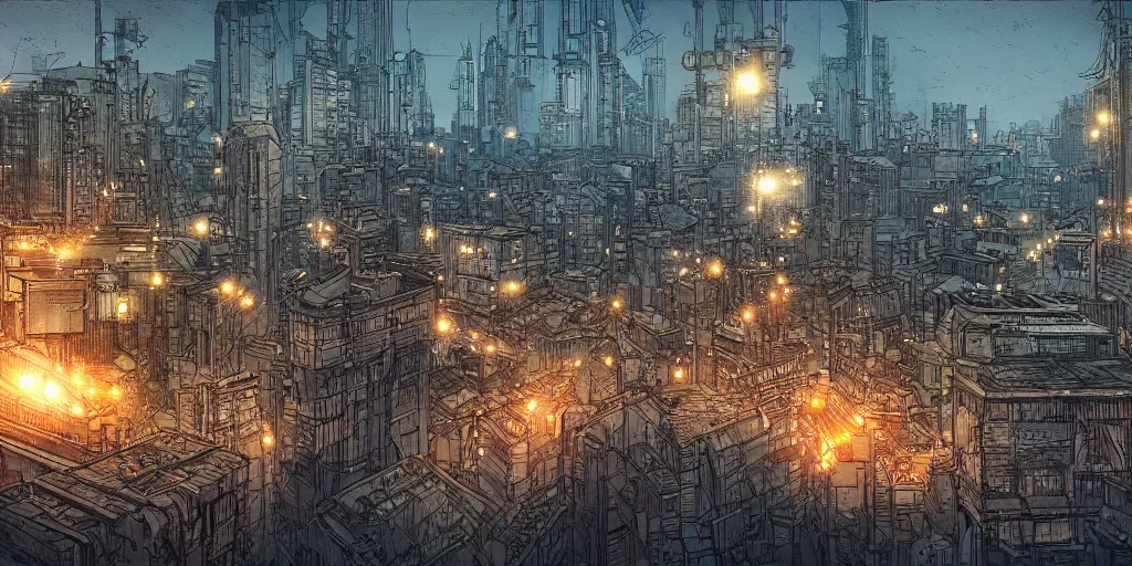 Image similar to ”a diesel punk city vista, Twilight, city lights, reflections, glares, perspective sky, HD, 8k, in the style of Katsuhiro Otomo, Ian mcque”