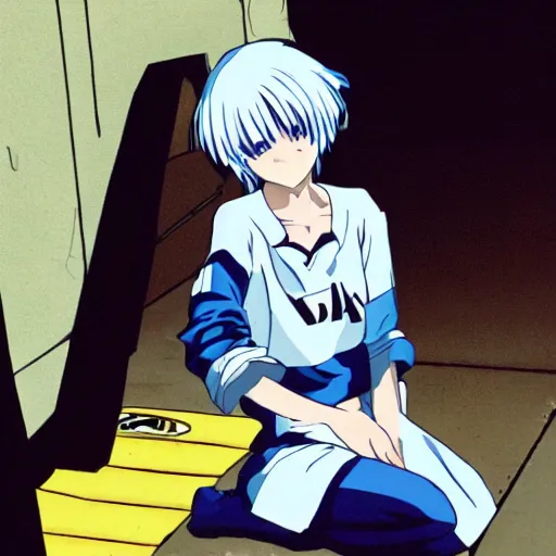 Prompt: homeless rei ayanami sitting on the floor in dark back alley