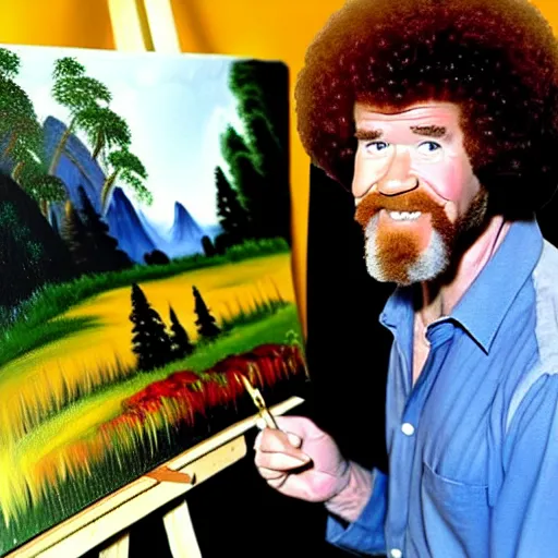 Prompt: Bob ross painting a picture of bob ross