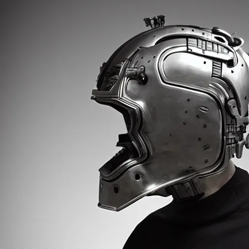 Image similar to cyberpunk mechanical helmet with side intircate hoses looking straight by Vitaly Bulgarov, front view