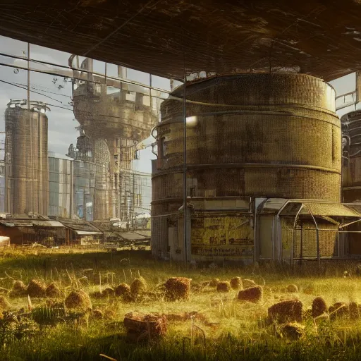 Image similar to fully detailed landscape of a cyberpunk farm , watertank, futuristic tractors, farmhouse, mushroom, overgrowth, Ai , in the future, high quality, 8k , octane render