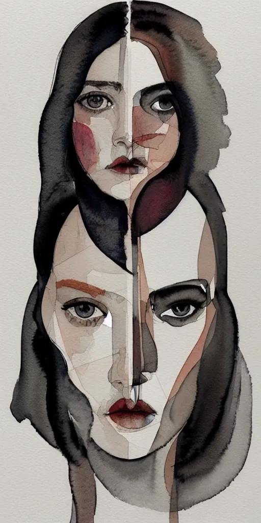 Image similar to beautiful face woman, symmetrical, grey, colorless and silent, watercolor portraits by Luke Rueda Studios and David downton