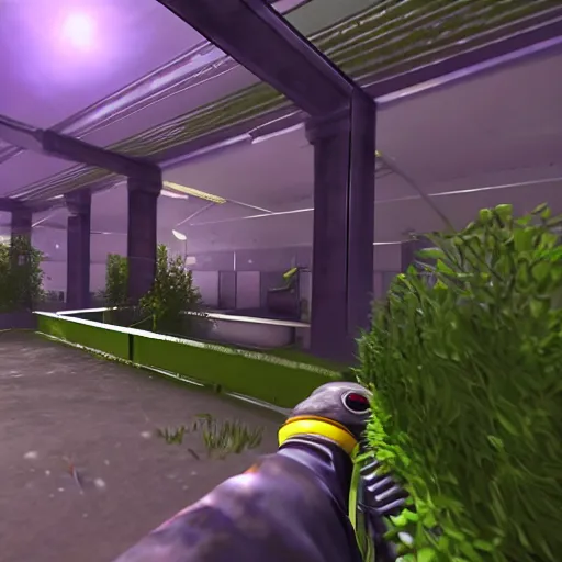 Prompt: screenshot of a first person shooter game, in an underground garden, shootout